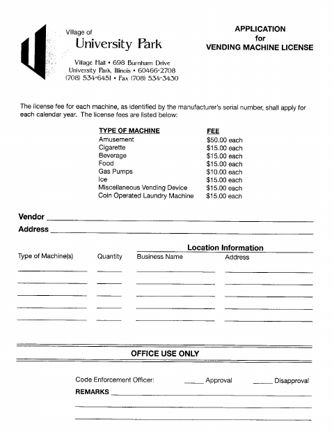 First page of the Vending Machine License Application