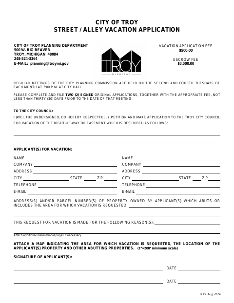 First page of the Street/Alley Vacation Application