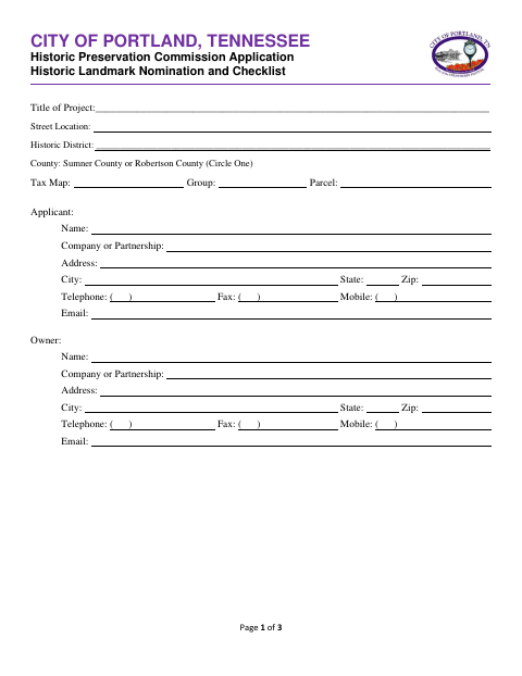 First page of the Historic Landmark Nomination Application
