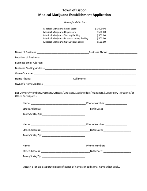 First page of the Medical Marijuana Establishment Application
