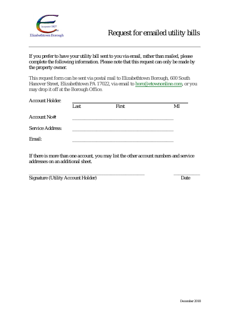 First page of the Request for Emailed Utility Bills