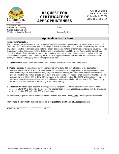 First page of the Request for Certificate of Appropriateness