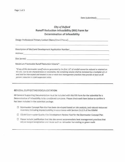 First page of the Runoff Reduction Infeasibility Form