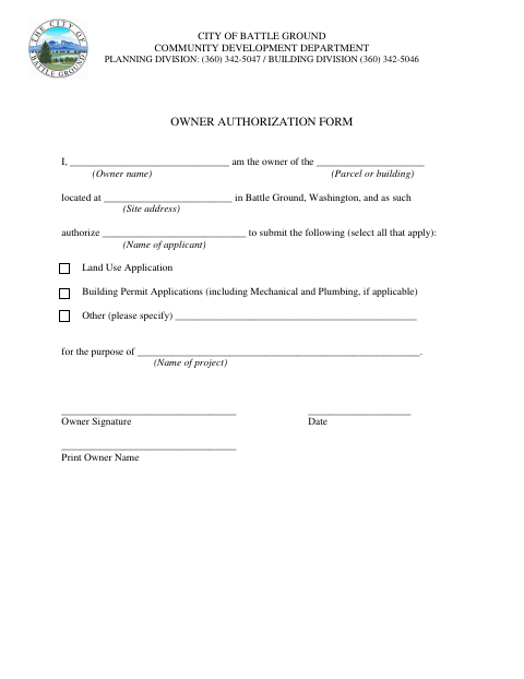 First page of the Owner Authorization Form
