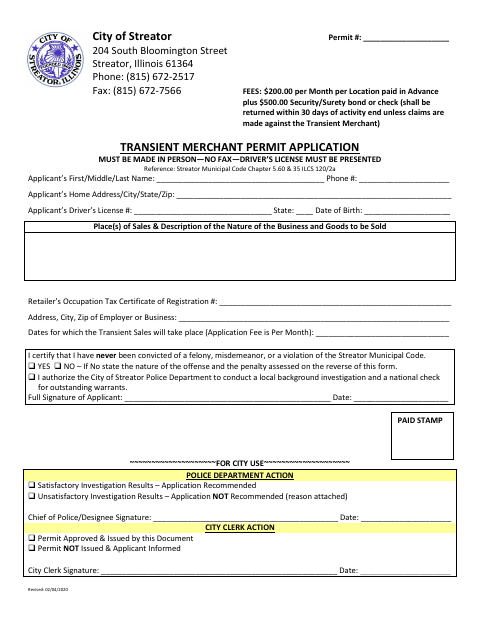 First page of the Transient Merchant Permit Application