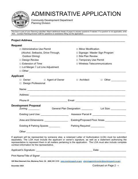 First page of the Administrative Application