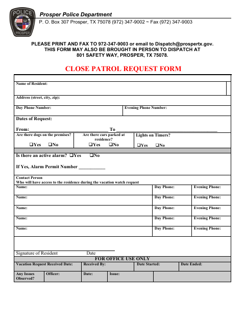 First page of the Close Patrol Request Form