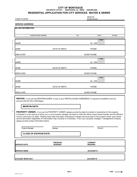 First page of the Residential Application for City Services Water & Sewer Service