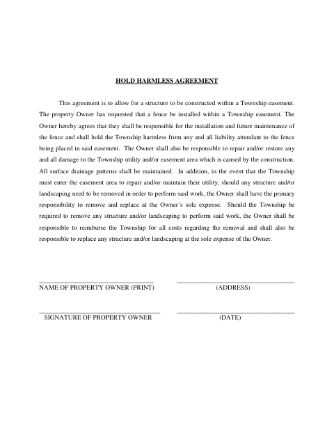 First page of the Hold Harmless Agreement