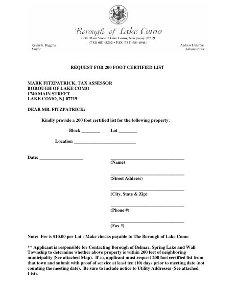 First page of the Request for 200 Foot Certified List