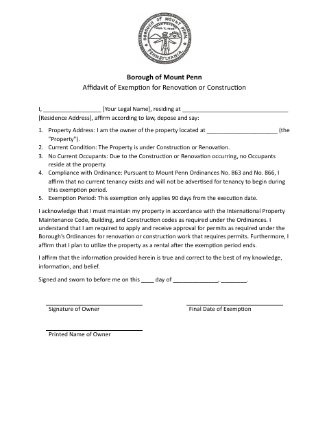 First page of the Renovation First Exemption Affidavit