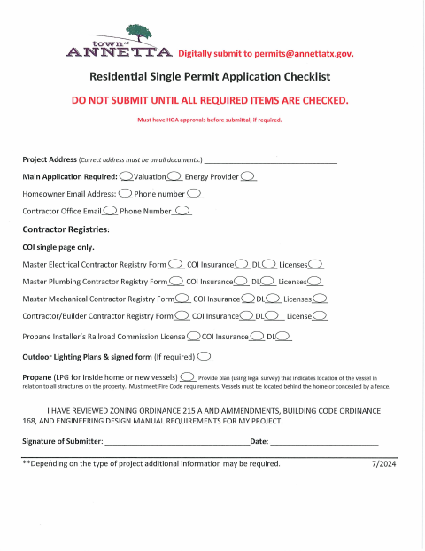 First page of the Residential Single Permit Application