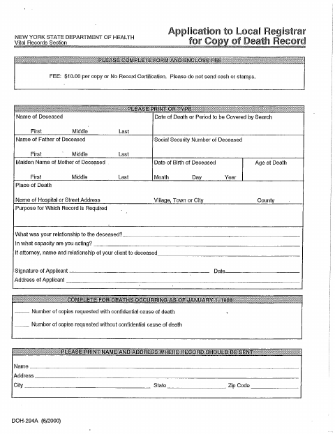 First page of the Death Certificate Application