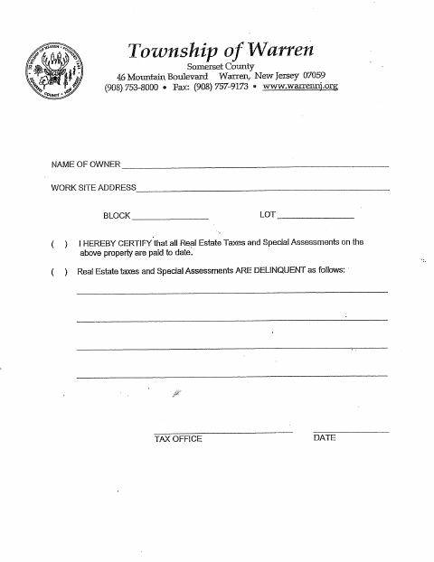 First page of the Tax Certification and Zoning Application