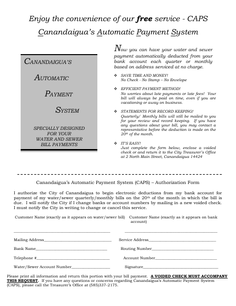 First page of the Canandaigua’s Automatic Payment System Authorization Form