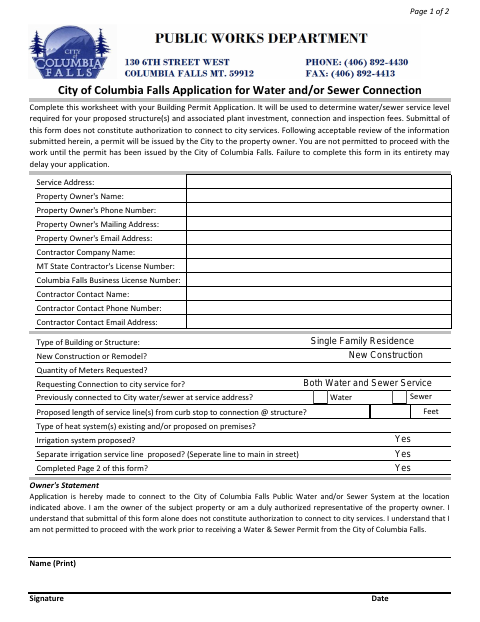 First page of the Application for Water and/or Sewer Connection