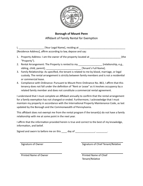 First page of the Family Rental Exemption Affidavit