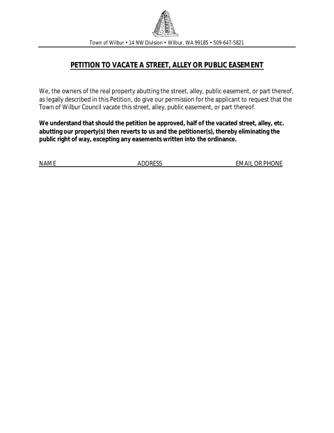 First page of the Petition to Vacate a Street, Alley or Public Easement