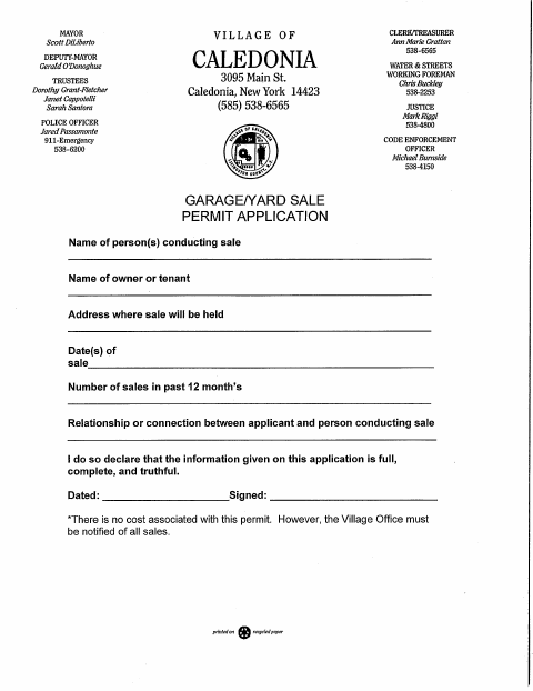 First page of the Garage/Yard Sale Permit Application