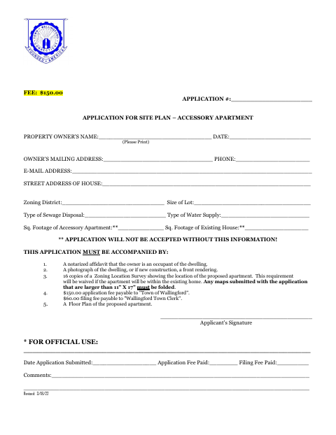 First page of the Application for Site Plan – Accessory Apartment