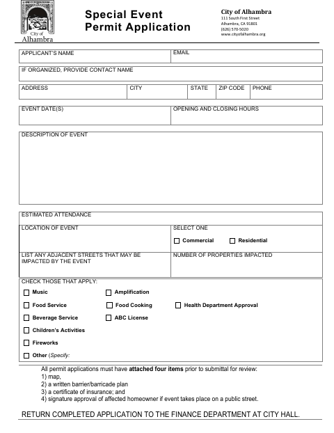 First page of the Special Event Permit Application