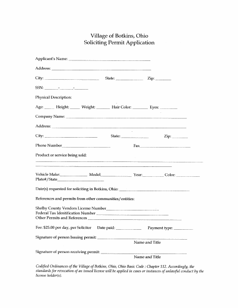 First page of the Solicitation Permit Application