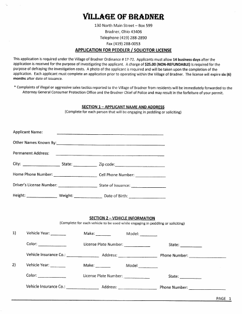 First page of the Application for Peddler/Solicitor License