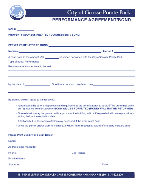 First page of the Performance Agreement/Bond