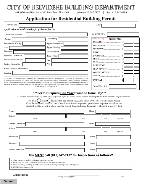 First page of the Residential Building Permit Application