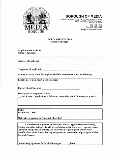 First page of the Street Opening Application