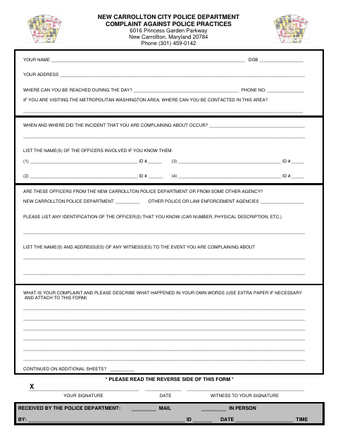 First page of the Complaint Against Police Practices