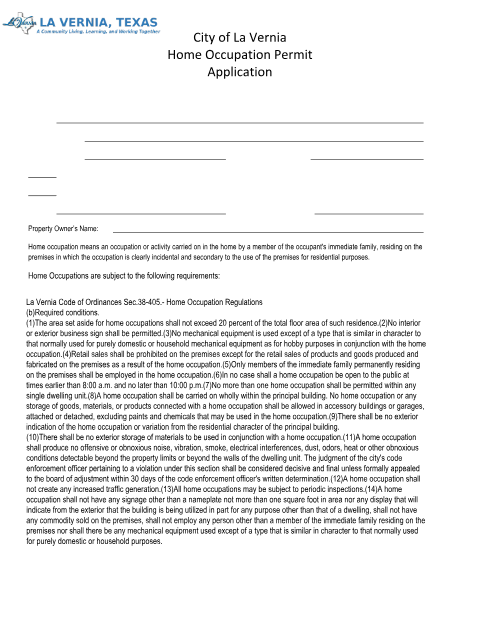 First page of the Home Occupation Permit Application