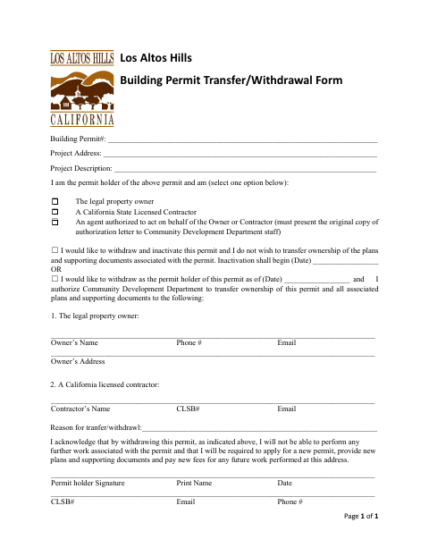 First page of the Building Permit Transfer/Withdrawal Form