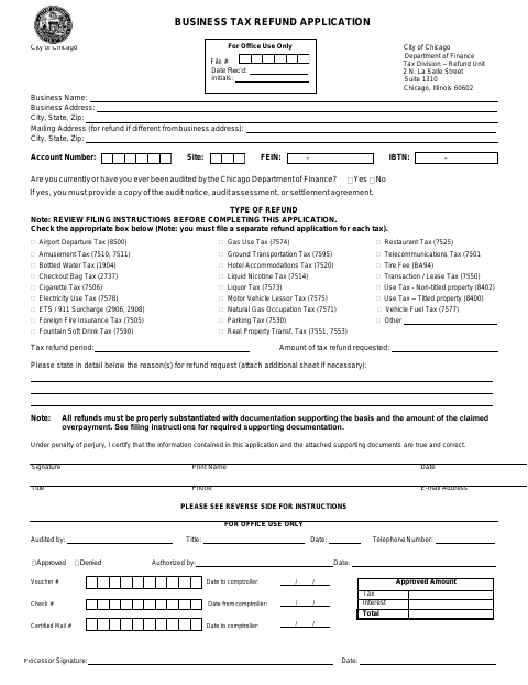 First page of the Business Tax Refund Application