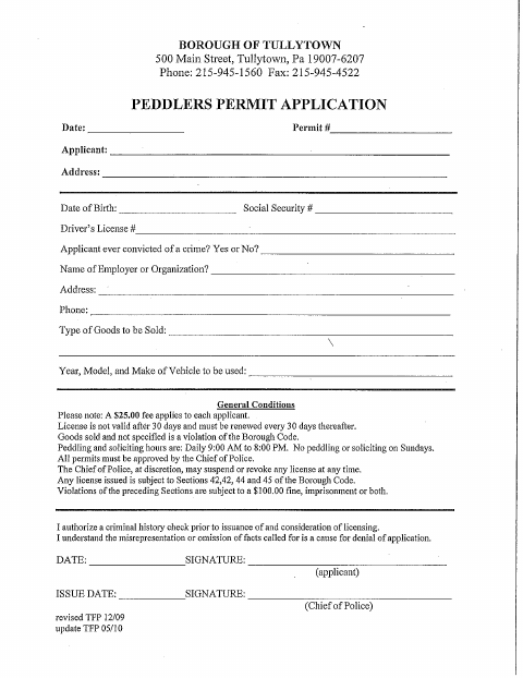 First page of the Peddlers Permit Application
