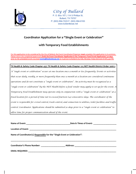 First page of the Single Event Coordinator Application