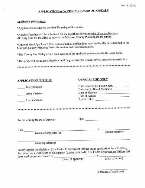 First page of the Zoning Board of Appeals Variance Application