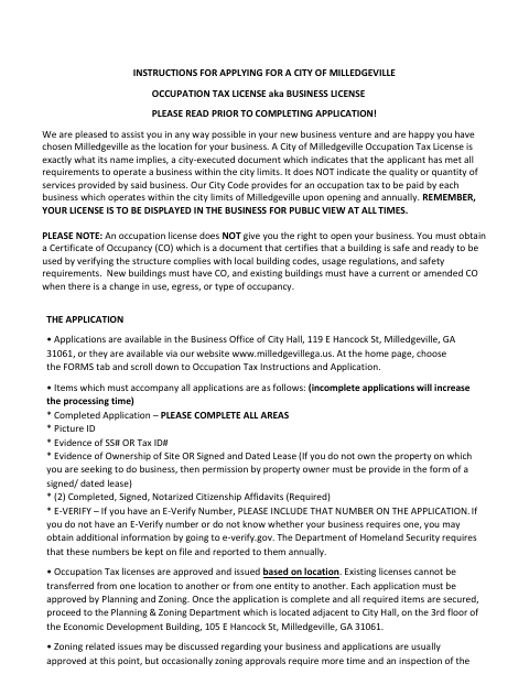 First page of the Occupation Tax License Application
