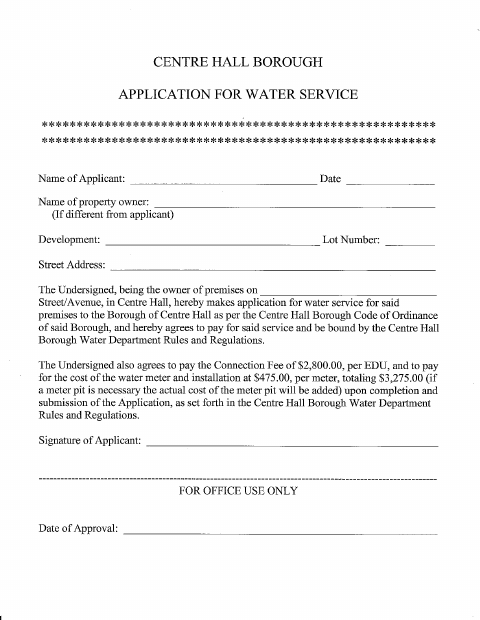 First page of the Application for Water Service