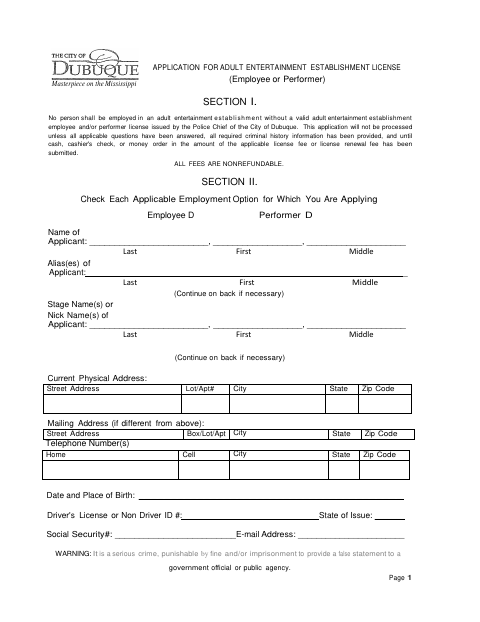 First page of the Adult Entertainment Establishment Employee License Application