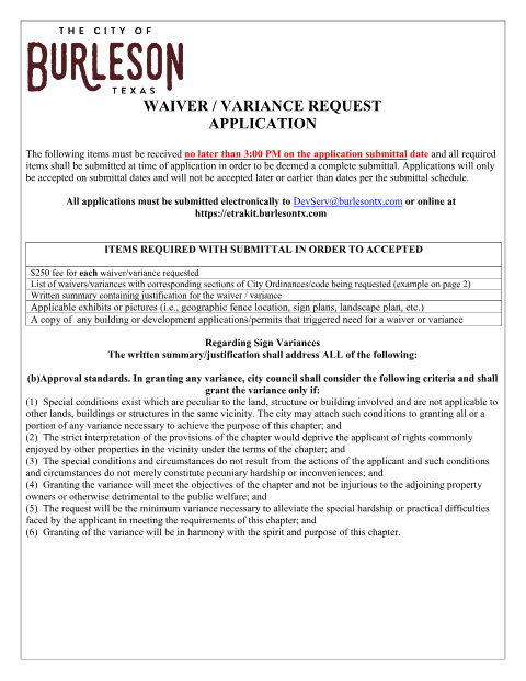 First page of the Waiver and Variance Application