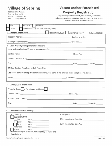 First page of the Vacant and/or Foreclosed Property Registration
