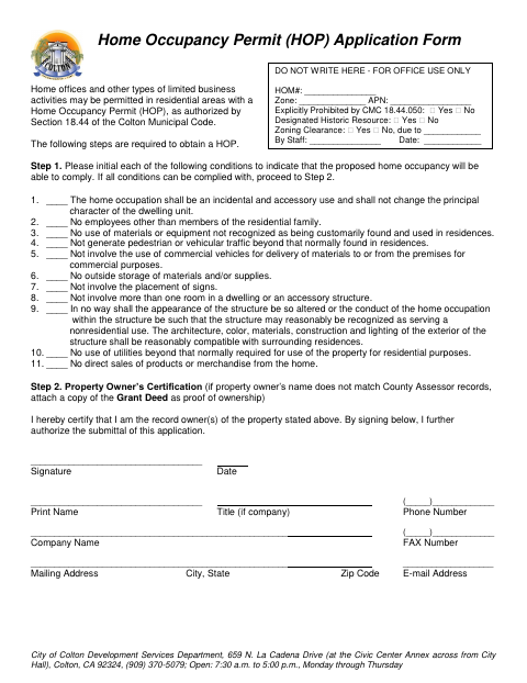 First page of the Home Occupancy Permit Application Form