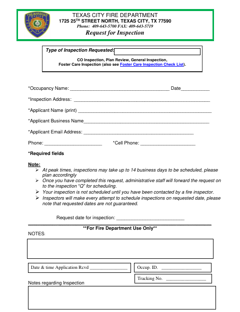 First page of the Request for Inspection