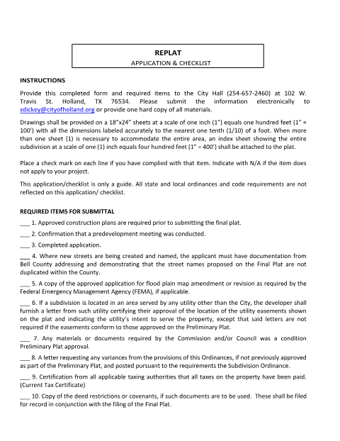First page of the Replat Application and Checklist
