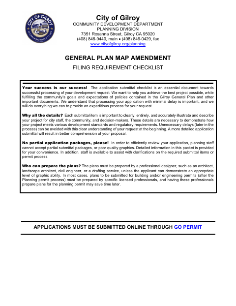 First page of the General Plan Map Amendment Filing Requirement Checklist