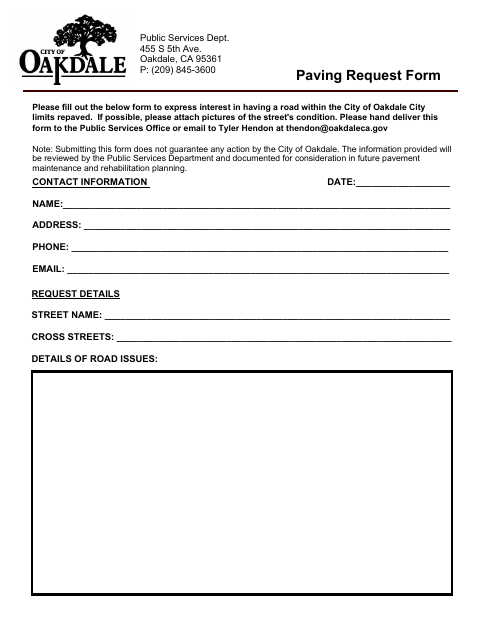 First page of the Paving Request Form