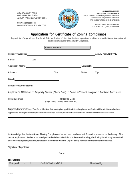 First page of the Application for Certificate of Zoning Compliance