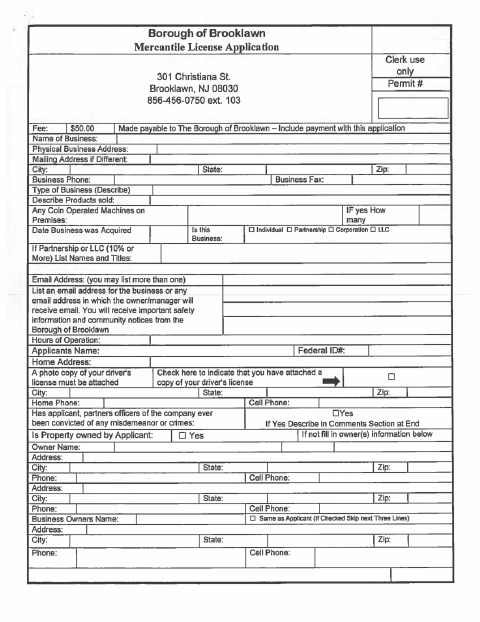 First page of the Mercantile License Application