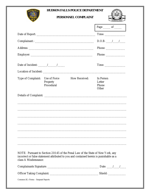 First page of the Police Department Personnel Complaint